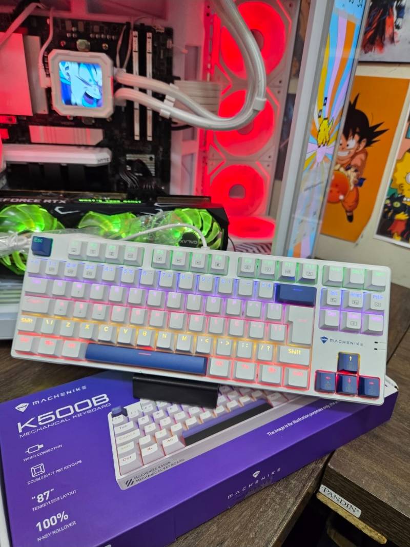 Teclado Mecânico Gamer Machenike K500B-B87 RGB, Switch RED, Layout 80%, Usb-C, Abnt2, Branco E Azul