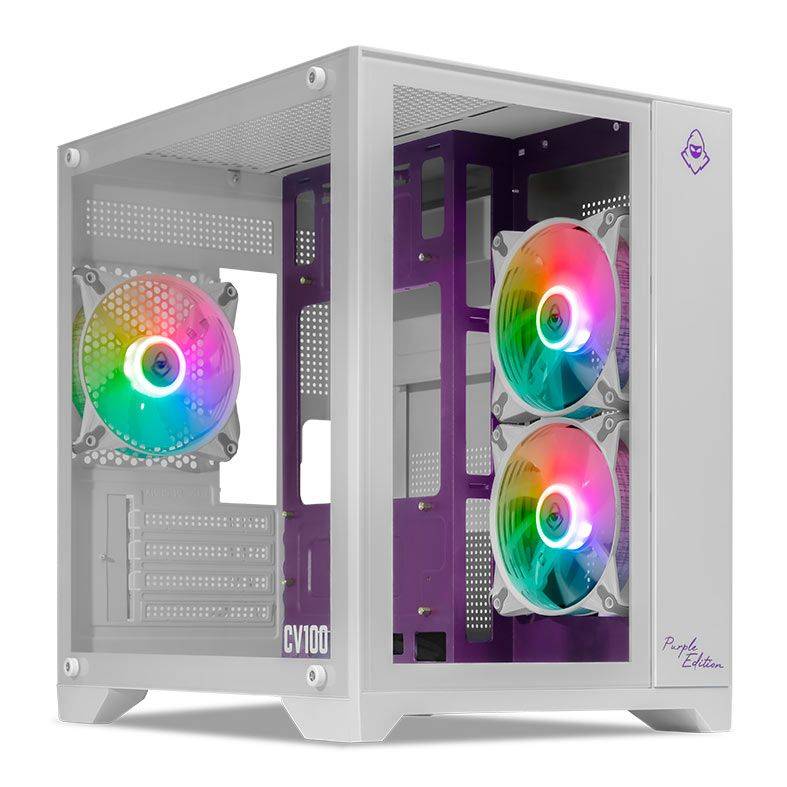 Gabinete Gamer Mid-Tower, Lateral De Vidro, Branco e Roxo, com 3 fans raimbow